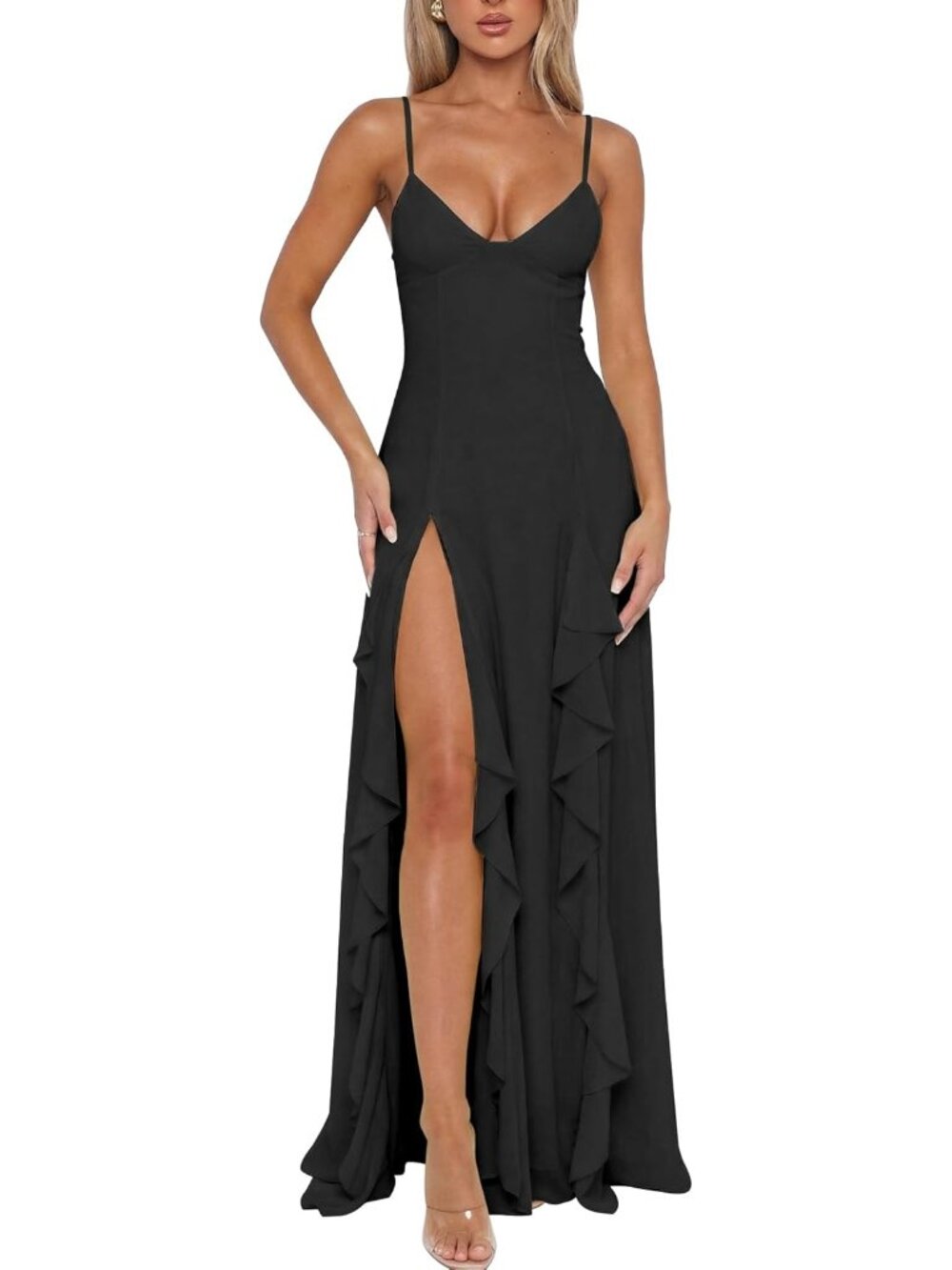 Women's Black V Neck Spaghetti Strap High Slit Formal Cocktail Maxi Dress